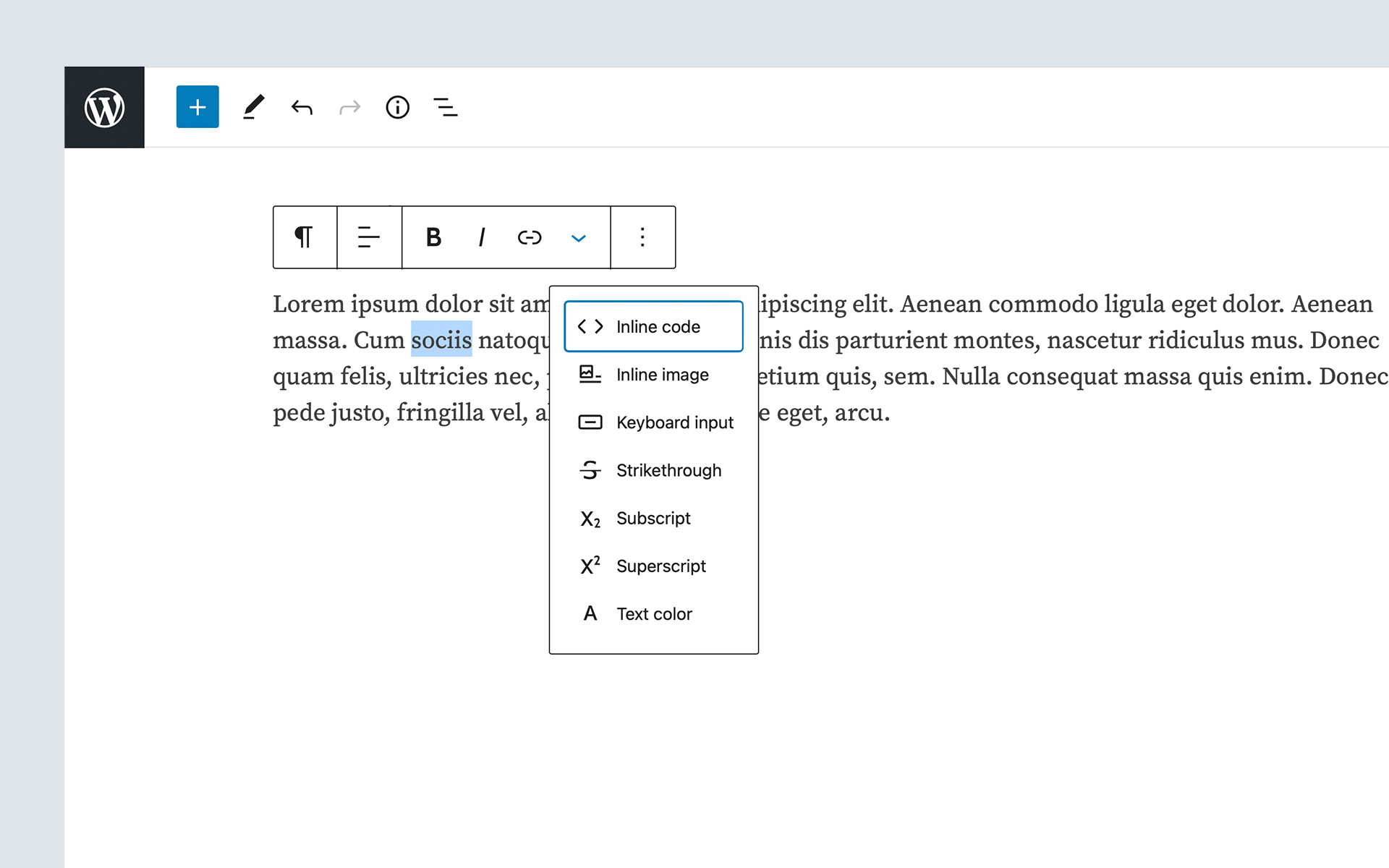 Core Rich Text Formats Dropdown showing "Inline Code" as selected